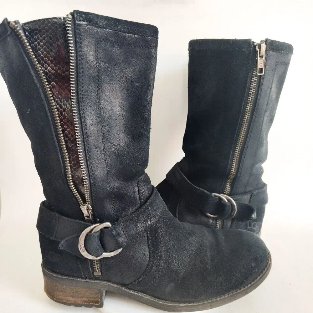 UGG Australia SILVA Moto Buckle Boots 1005435 Black Suede Size 7.5 Zip Snakeskin